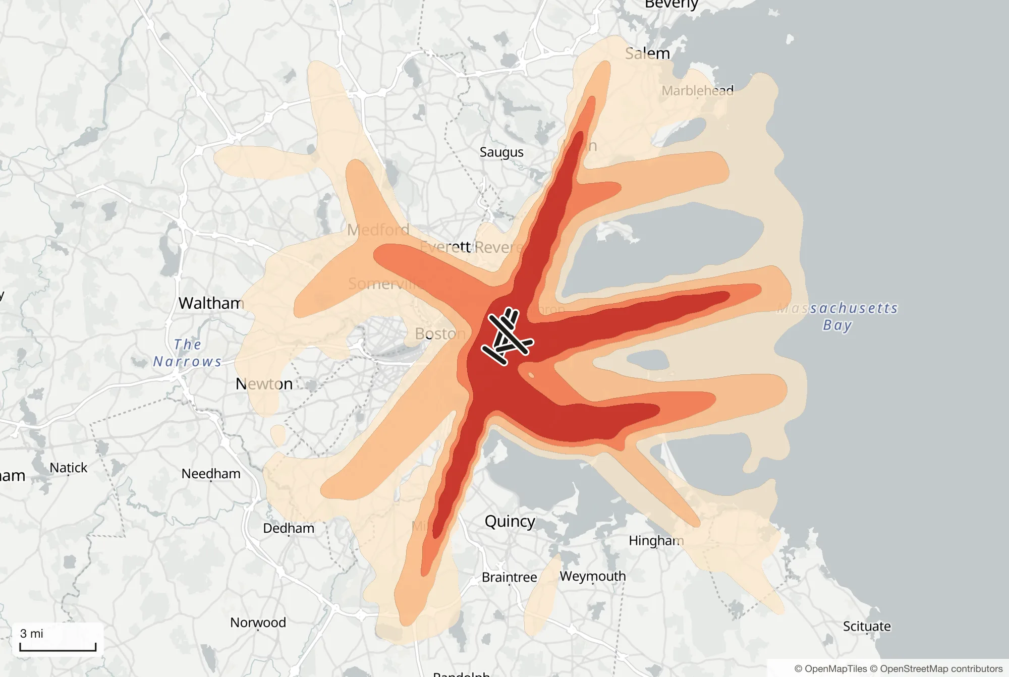 Map of loud planes a day around Boston Logan: the loudest areas lie along the runways and under the approach and take-off routes.